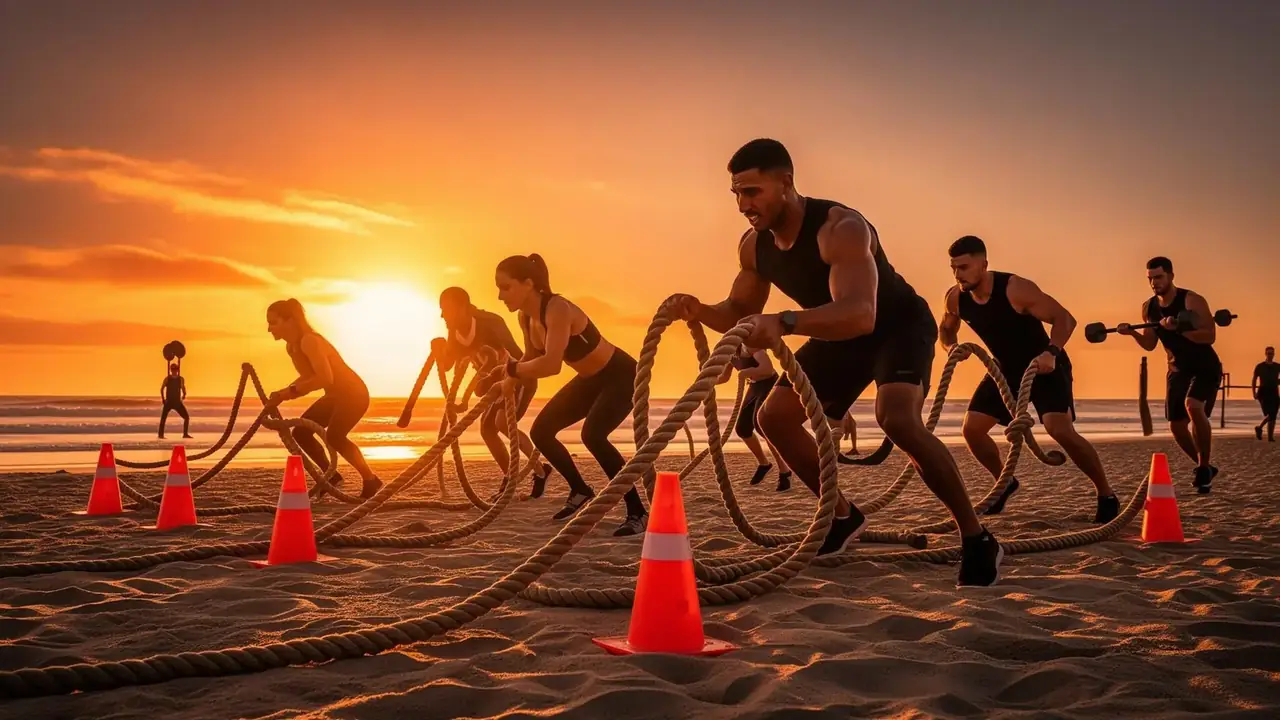 Treino funcional na areia ao pôr do sol